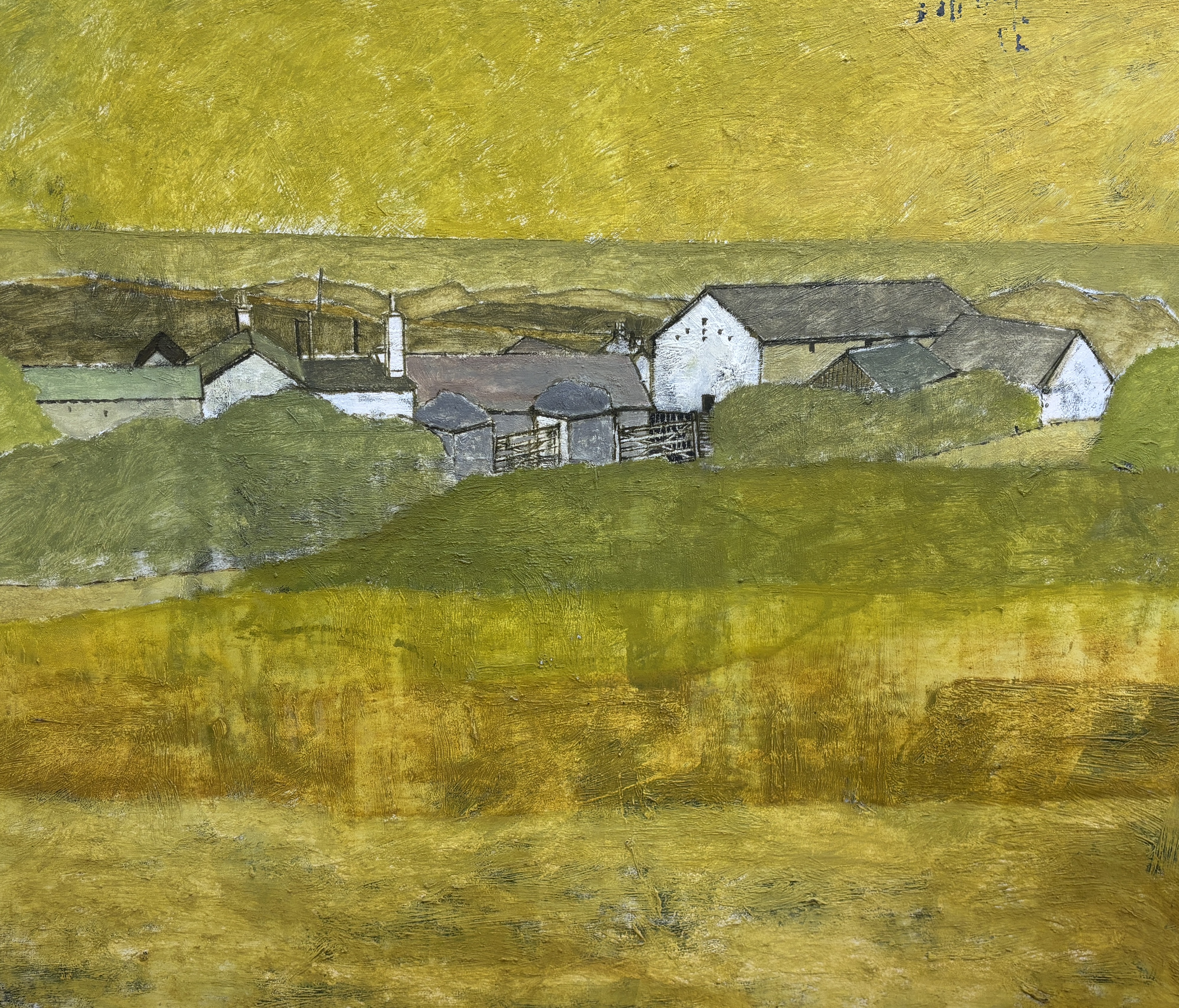 Modern British School, two oils on board, Landscapes with cottages, largest 60 x 76cm, both unframed and unsigned